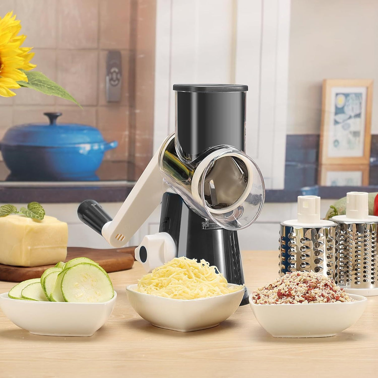 3 Replaceable Drum Blades Rotary Cheese Grater Cheese Shredder - Kitchen Manual with Handle Vegetable Slicer Nuts Grinder and Strong Suction Base Free Cleaning Brush