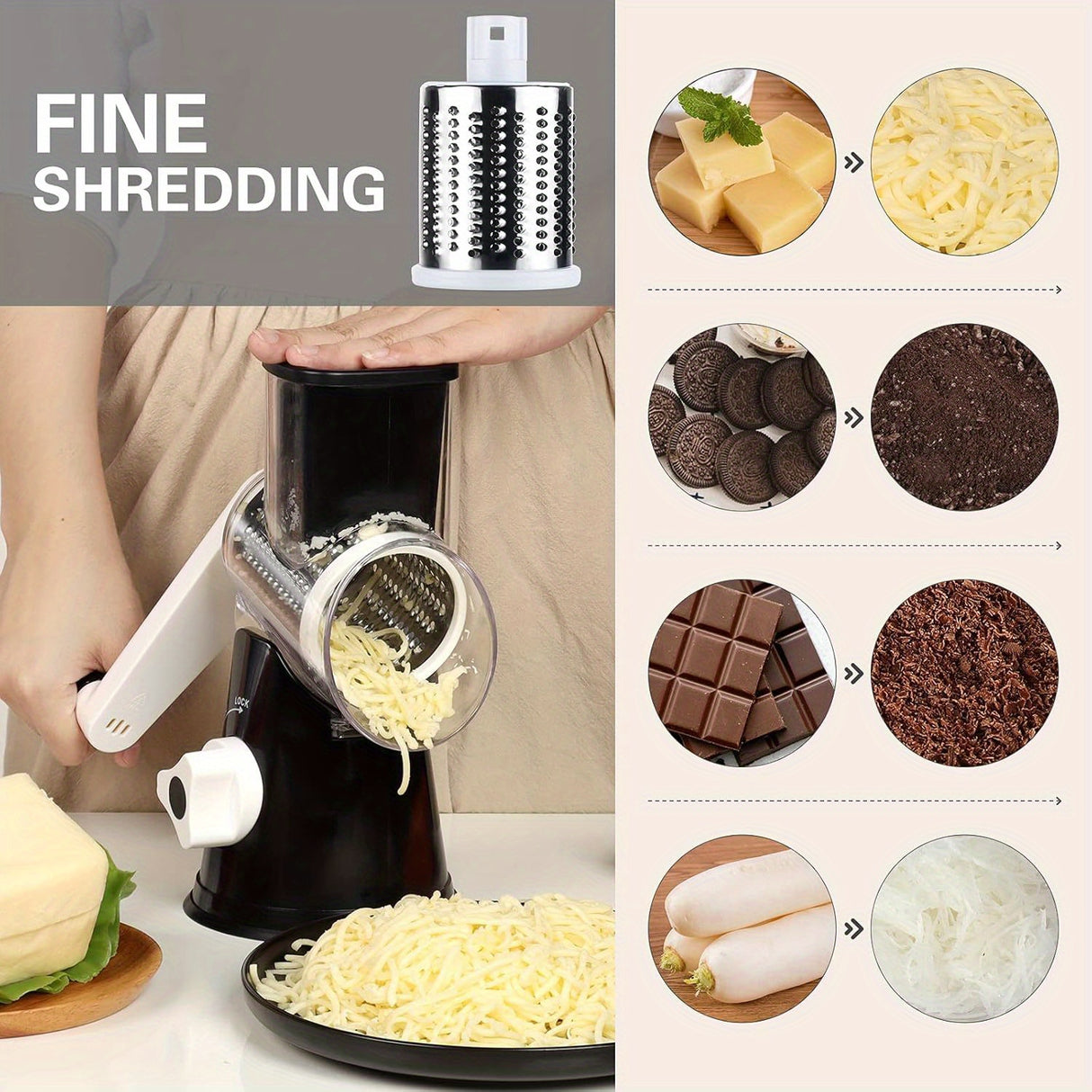 3 Replaceable Drum Blades Rotary Cheese Grater Cheese Shredder - Kitchen Manual with Handle Vegetable Slicer Nuts Grinder and Strong Suction Base Free Cleaning Brush