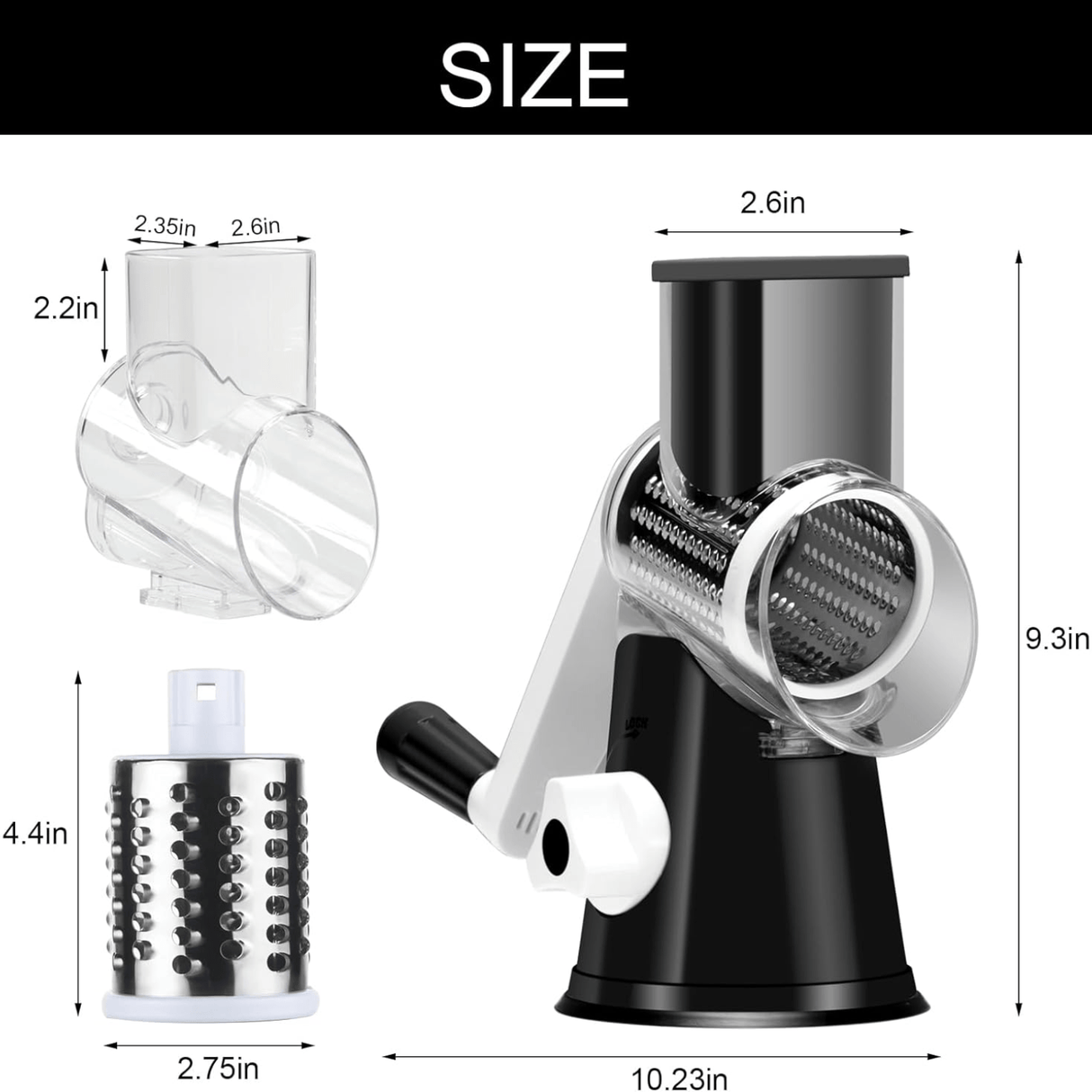 3 Replaceable Drum Blades Rotary Cheese Grater Cheese Shredder - Kitchen Manual with Handle Vegetable Slicer Nuts Grinder and Strong Suction Base Free Cleaning Brush