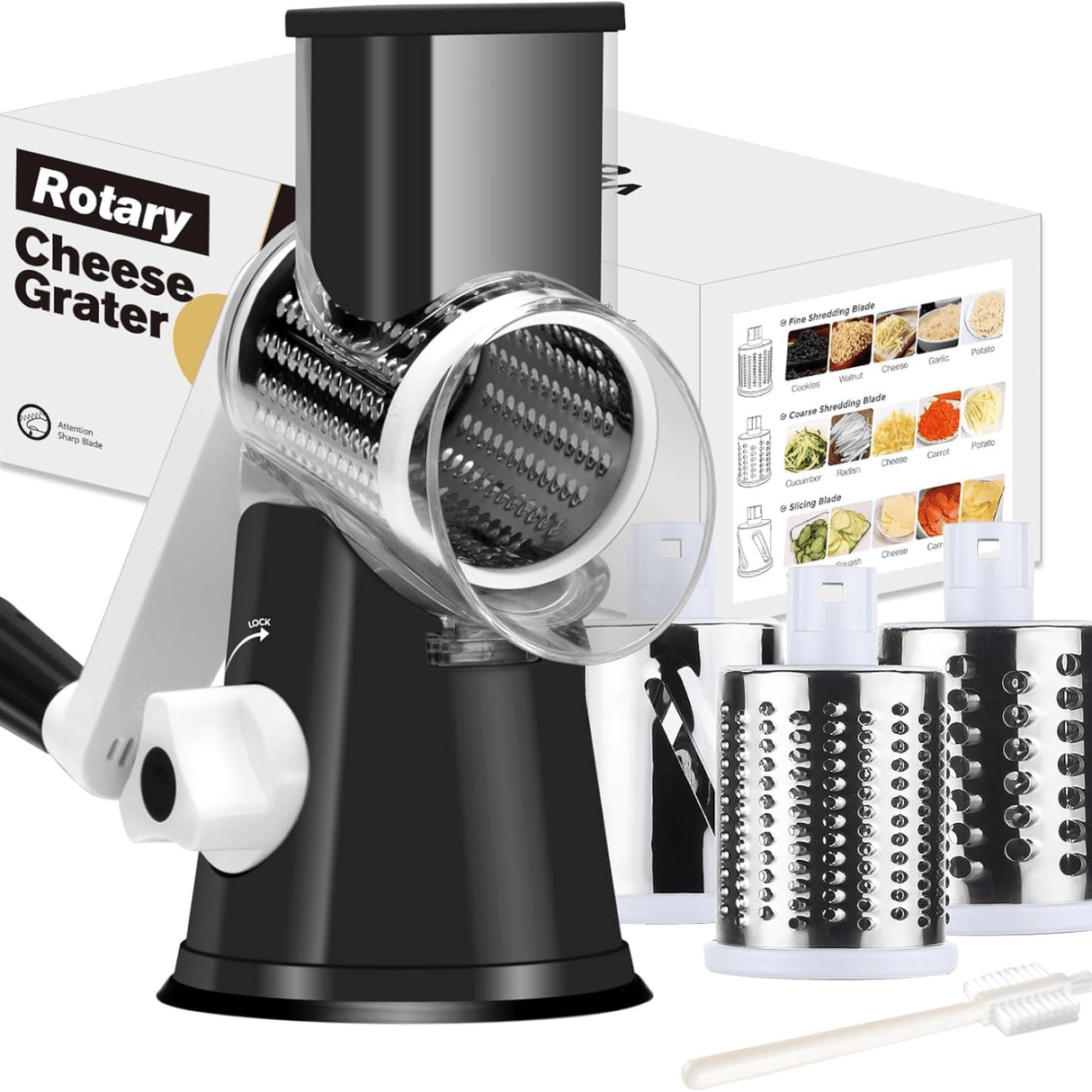 3 Replaceable Drum Blades Rotary Cheese Grater Cheese Shredder - Kitchen Manual with Handle Vegetable Slicer Nuts Grinder and Strong Suction Base Free Cleaning Brush