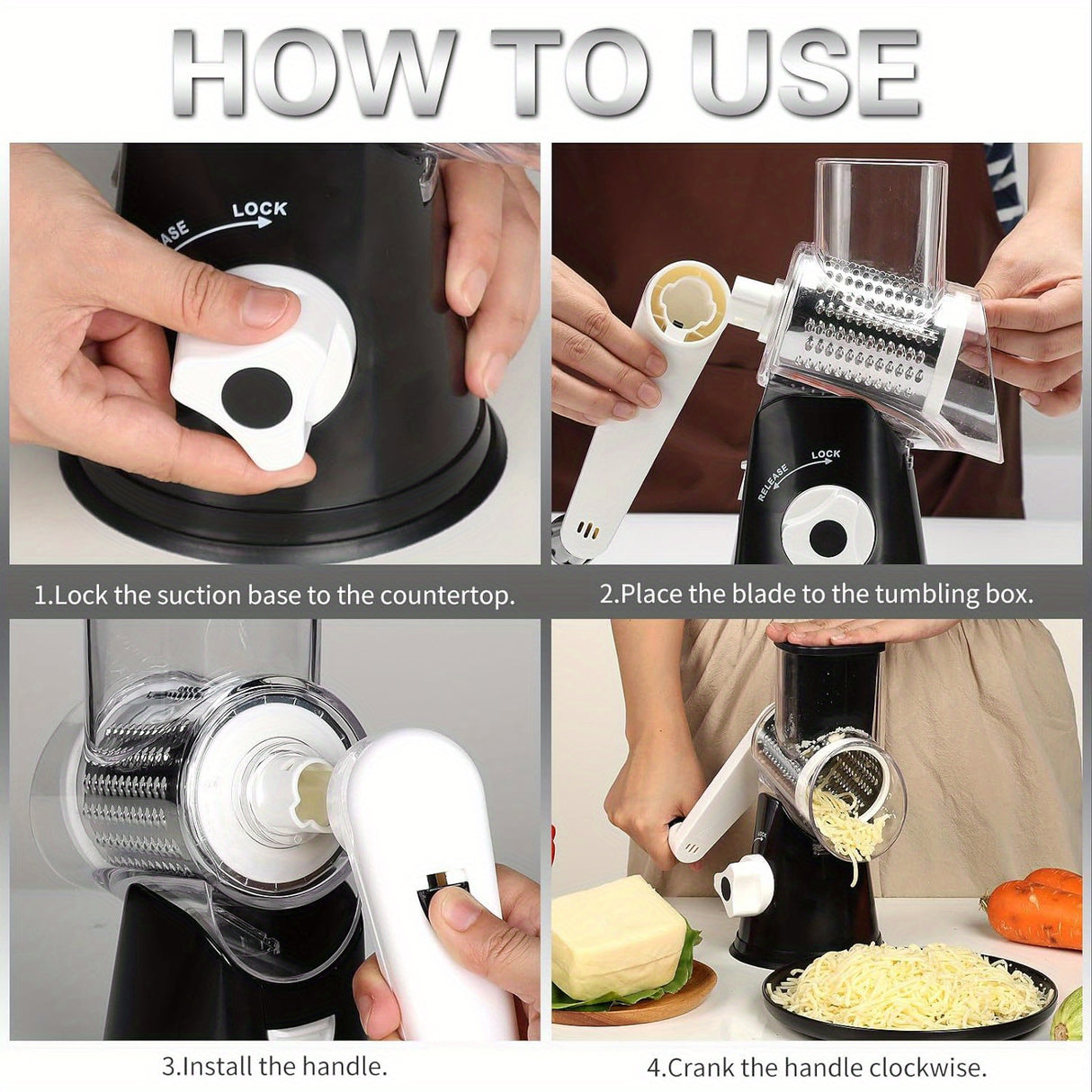3 Replaceable Drum Blades Rotary Cheese Grater Cheese Shredder - Kitchen Manual with Handle Vegetable Slicer Nuts Grinder and Strong Suction Base Free Cleaning Brush
