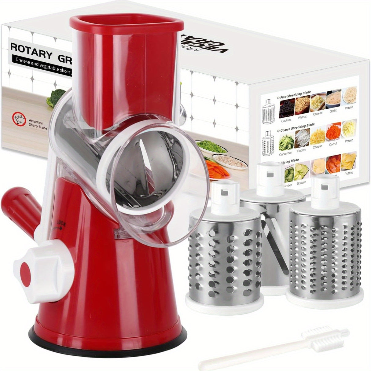3 Replaceable Drum Blades Rotary Cheese Grater Cheese Shredder - Kitchen Manual with Handle Vegetable Slicer Nuts Grinder and Strong Suction Base Free Cleaning Brush