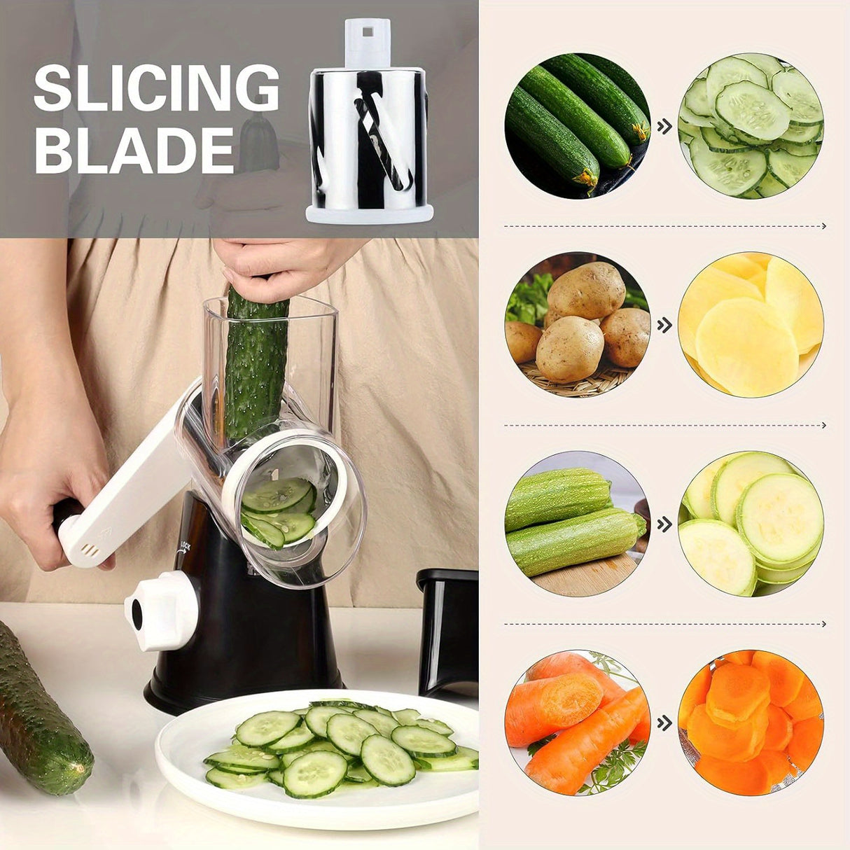 3 Replaceable Drum Blades Rotary Cheese Grater Cheese Shredder - Kitchen Manual with Handle Vegetable Slicer Nuts Grinder and Strong Suction Base Free Cleaning Brush
