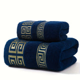 Contemporary Cotton Towel Set with Geometric Design - 1pc Hand Towel, 1pc Bath Towel - 300 GSM Knit Fabric, 100% Cotton, Super Absorbent, Quick-Dry for Bathroom Essentials