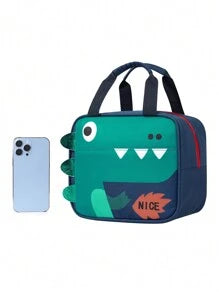 1pc Children'S Cute Cartoon Dinosaur Print Portable Lunch Bag Simple Large Capacity Lunch Box Bag Storage Bag Fashionable Hand-Held Insulated Lunch Bag Suitable For Girls Students Office Workers To Bring Lunch Travel Outdoor Picnic Insulation Use