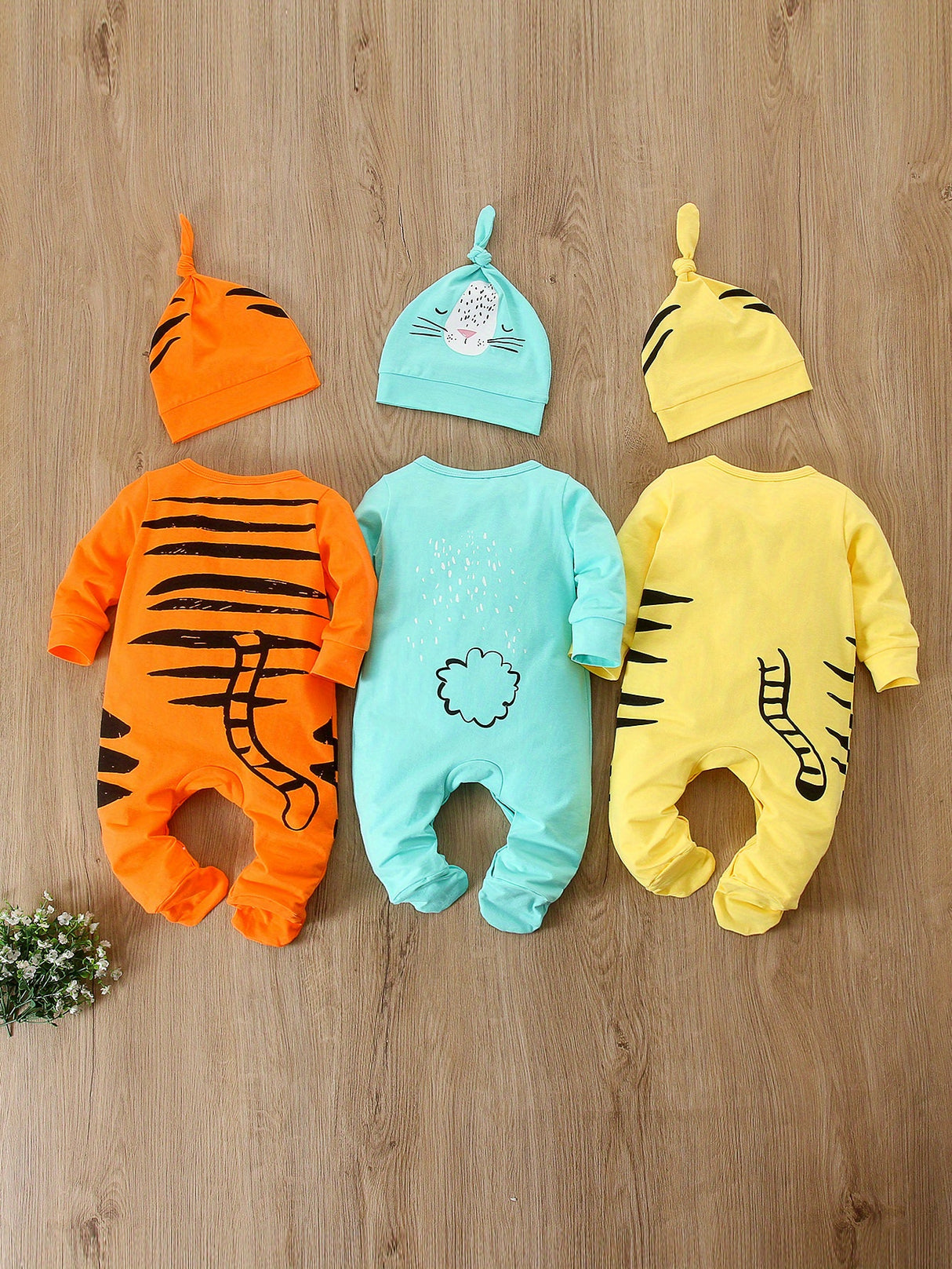 6pcs/set Newborn Baby Boy Footed Suit with Long Sleeves Cartoon Animal Print 3pcs Onesie and 3pcs Hat Set, Perfect for Outdoor