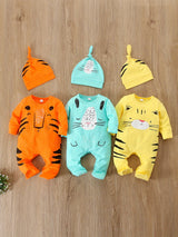 6pcs/set Newborn Baby Boy Footed Suit with Long Sleeves Cartoon Animal Print 3pcs Onesie and 3pcs Hat Set, Perfect for Outdoor