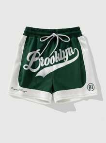 EASYOWN MEN Prep Men's Letter Print Drawstring Waist Shorts, Suitable For Summer
