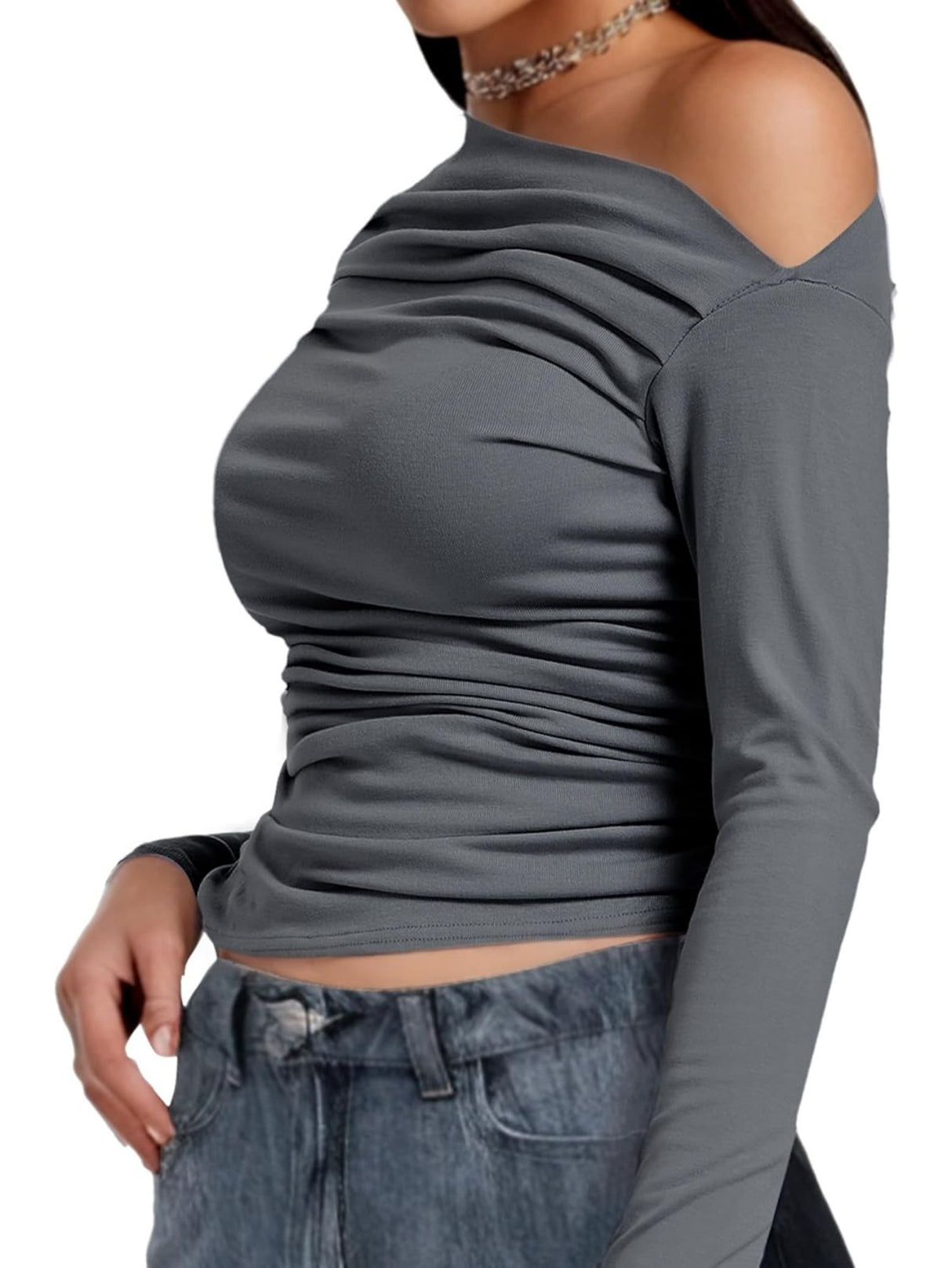 Long Sleeve Crop Tops, One Shoulder Womens Off Shoulder Going Out Blouses Casual Boat Neck Y2K Tight Shirts 2024