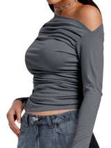 Long Sleeve Crop Tops, One Shoulder Womens Off Shoulder Going Out Blouses Casual Boat Neck Y2K Tight Shirts 2024