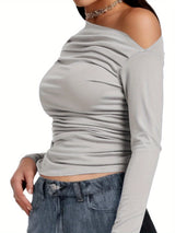 Long Sleeve Crop Tops, One Shoulder Womens Off Shoulder Going Out Blouses Casual Boat Neck Y2K Tight Shirts 2024