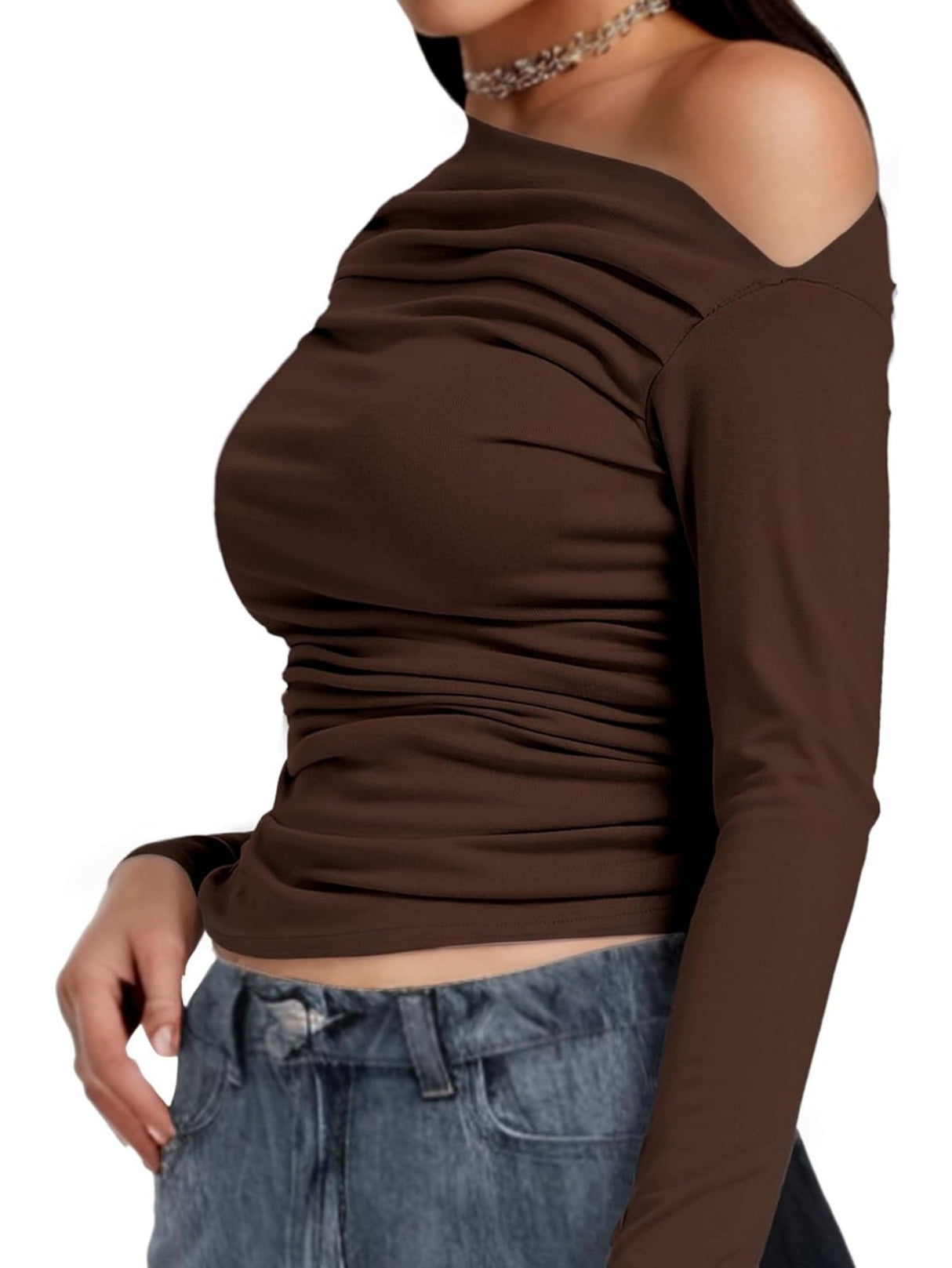 Long Sleeve Crop Tops, One Shoulder Womens Off Shoulder Going Out Blouses Casual Boat Neck Y2K Tight Shirts 2024