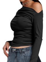 Long Sleeve Crop Tops, One Shoulder Womens Off Shoulder Going Out Blouses Casual Boat Neck Y2K Tight Shirts 2024