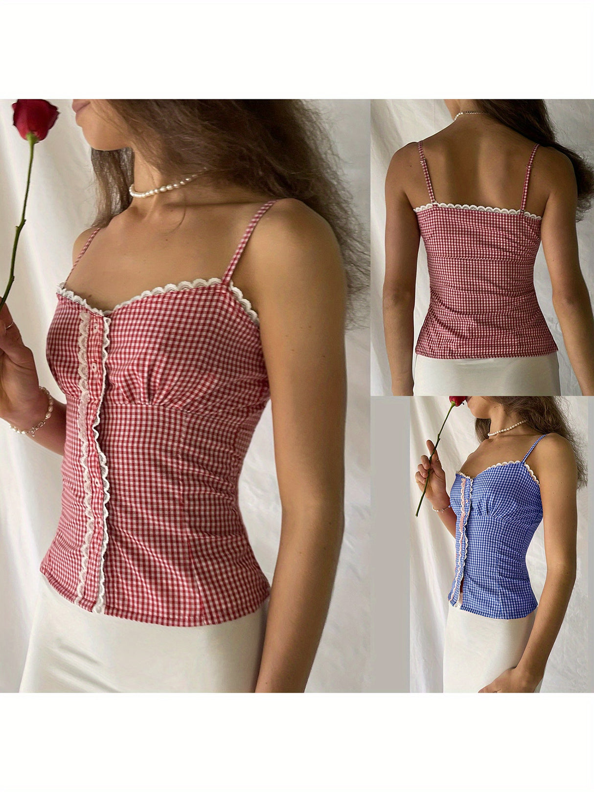 Women'S Lace Trim Camisole Fitted Plaid Sweetheart Neck Button Spaghetti Strap Crop Tops for Summer