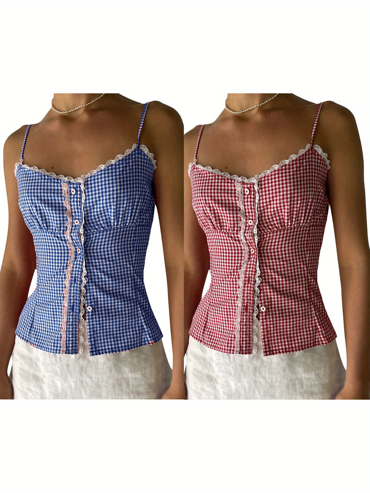 Women'S Lace Trim Camisole Fitted Plaid Sweetheart Neck Button Spaghetti Strap Crop Tops for Summer