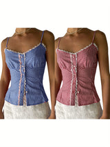 Women'S Lace Trim Camisole Fitted Plaid Sweetheart Neck Button Spaghetti Strap Crop Tops for Summer