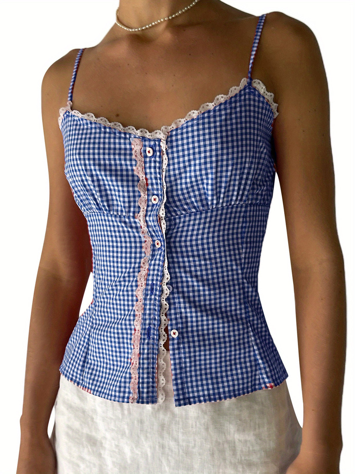 Women'S Lace Trim Camisole Fitted Plaid Sweetheart Neck Button Spaghetti Strap Crop Tops for Summer