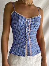 Women'S Lace Trim Camisole Fitted Plaid Sweetheart Neck Button Spaghetti Strap Crop Tops for Summer