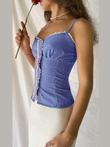 Women'S Lace Trim Camisole Fitted Plaid Sweetheart Neck Button Spaghetti Strap Crop Tops for Summer