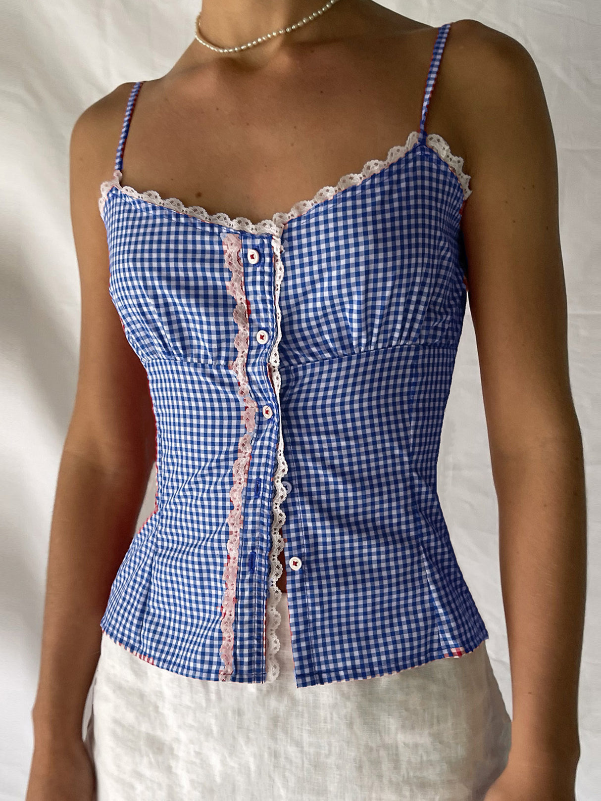 Women'S Lace Trim Camisole Fitted Plaid Sweetheart Neck Button Spaghetti Strap Crop Tops for Summer
