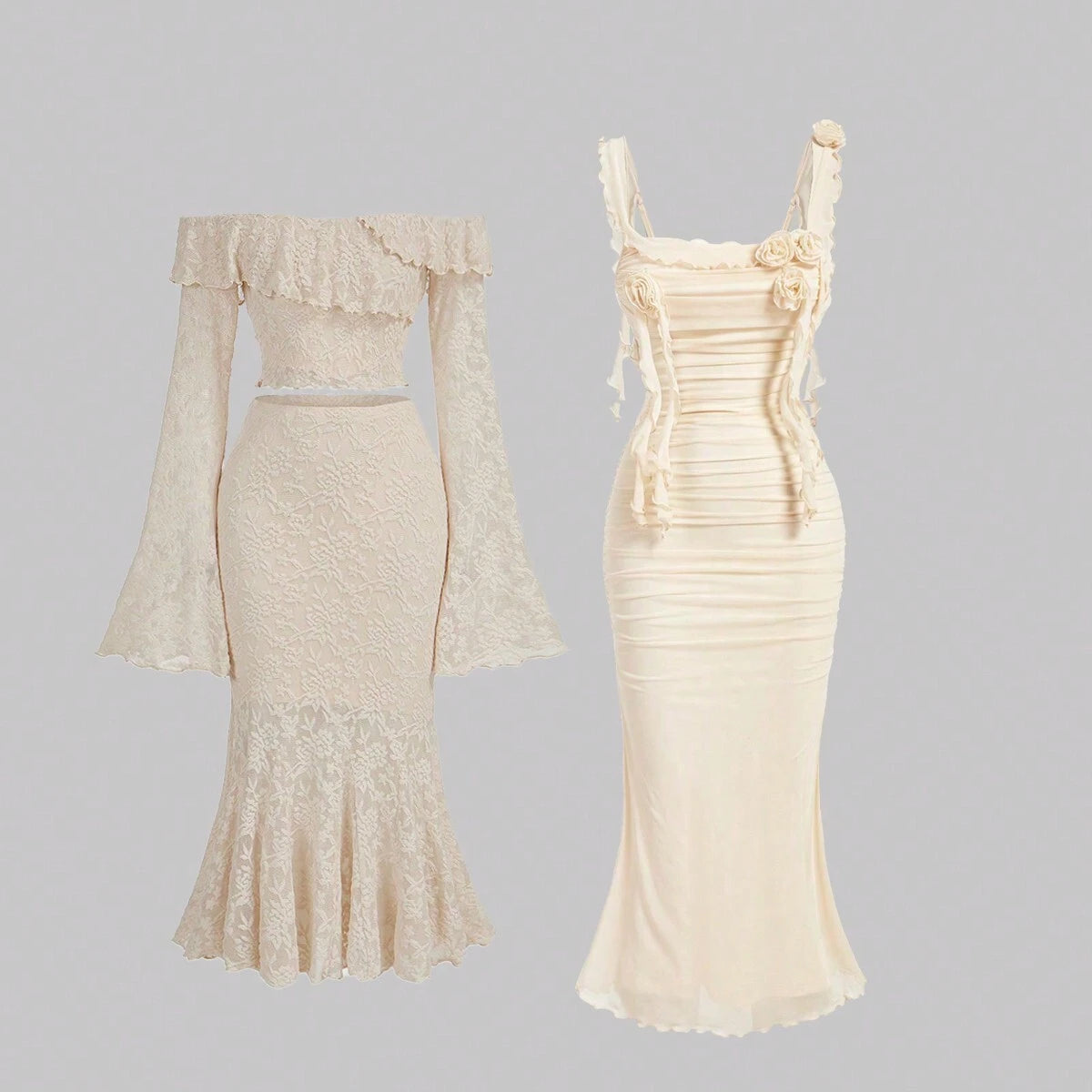 Beige Bodycon Knitted Mesh Dress With 3D Flower Decoration And Dangling Straps
