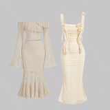 Beige Bodycon Knitted Mesh Dress With 3D Flower Decoration And Dangling Straps