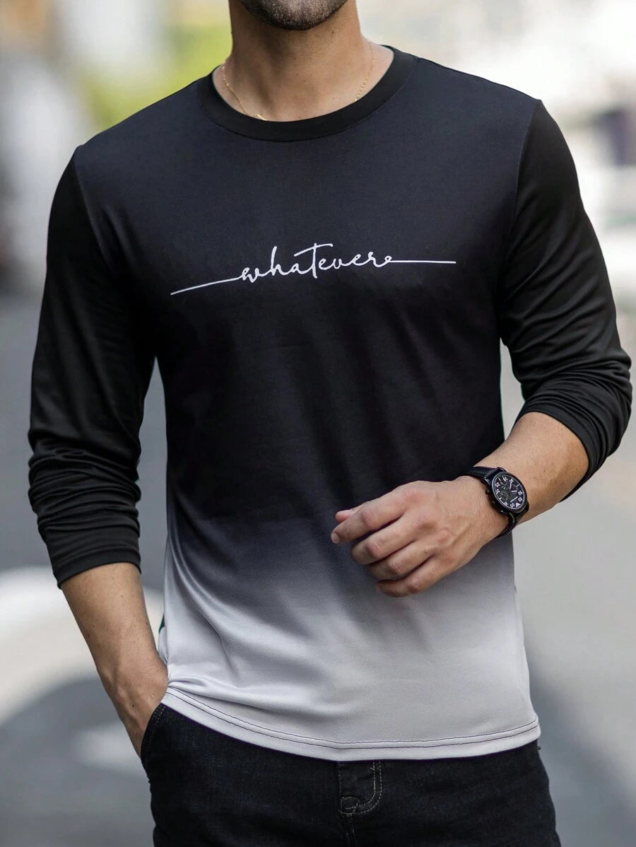 Manfinity Homme Men Round Neck Long Sleeve Gradient Print Letter Graphic Design Fitted Charming Casual T-Shirt, For Going Out, For Husband, Men's Fashion T-Shirt, Men's Graphic Tee, Ombre T-Shirt, Casual Men's Top