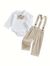 Baby Boy Gentleman Outfit Bow Tie Lapel Neck Long Sleeve Romper + Elastic Waist Suspender Pants Infant 2pcs Clothes Set for Wedding, for Outdoor