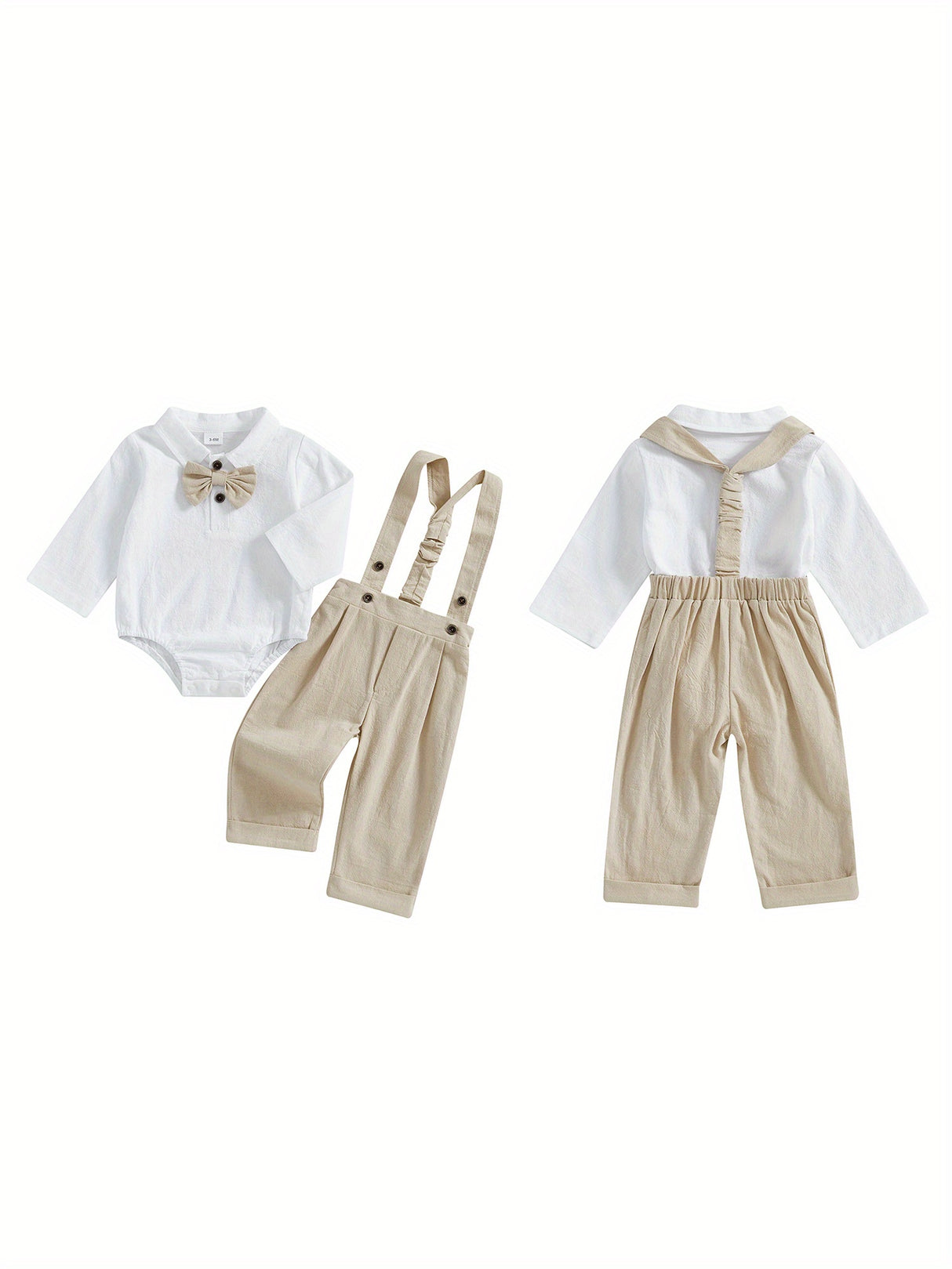 Baby Boy Gentleman Outfit Bow Tie Lapel Neck Long Sleeve Romper + Elastic Waist Suspender Pants Infant 2pcs Clothes Set for Wedding, for Outdoor