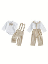 Baby Boy Gentleman Outfit Bow Tie Lapel Neck Long Sleeve Romper + Elastic Waist Suspender Pants Infant 2pcs Clothes Set for Wedding, for Outdoor