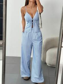 Flirla 2pcs/Set Women's Casual Striped Cami Dress Summer Outfit