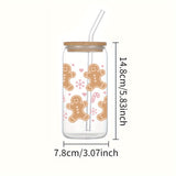 16oz Christmas Gingerbread & Candy Cane 3D UV Printed Glass Cup with Bamboo Lid and Straw - Reusable, Sustainable Drinking Glass for Iced Coffee, Juice, Milk - Perfect for Birthday, Halloween, Thanksgiving, and Christmas Gift