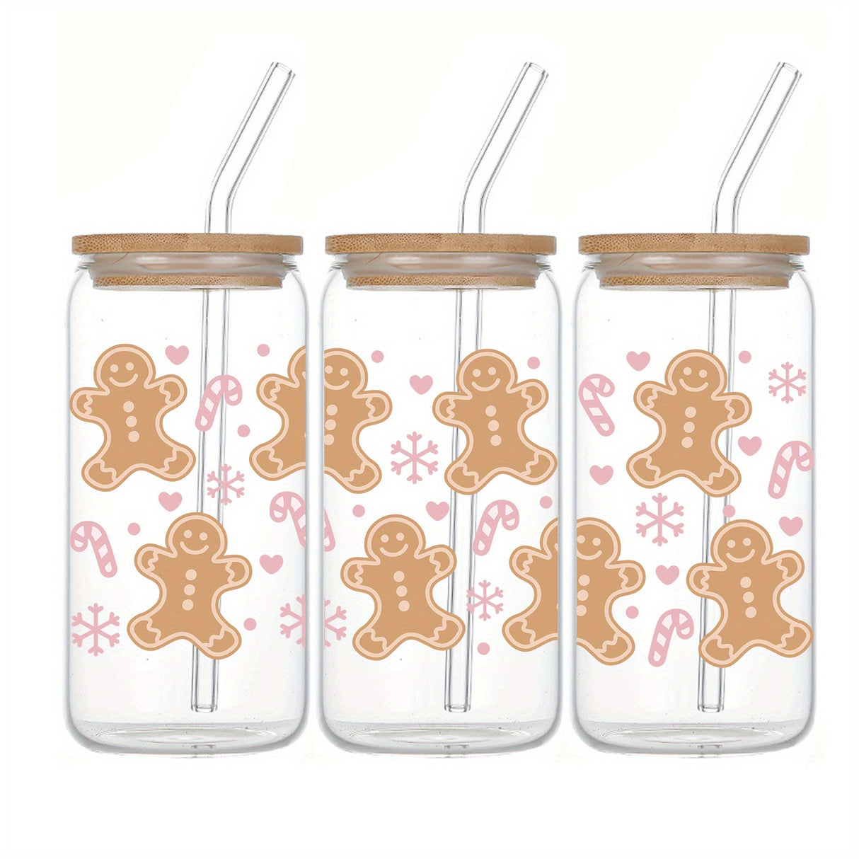 16oz Christmas Gingerbread & Candy Cane 3D UV Printed Glass Cup with Bamboo Lid and Straw - Reusable, Sustainable Drinking Glass for Iced Coffee, Juice, Milk - Perfect for Birthday, Halloween, Thanksgiving, and Christmas Gift