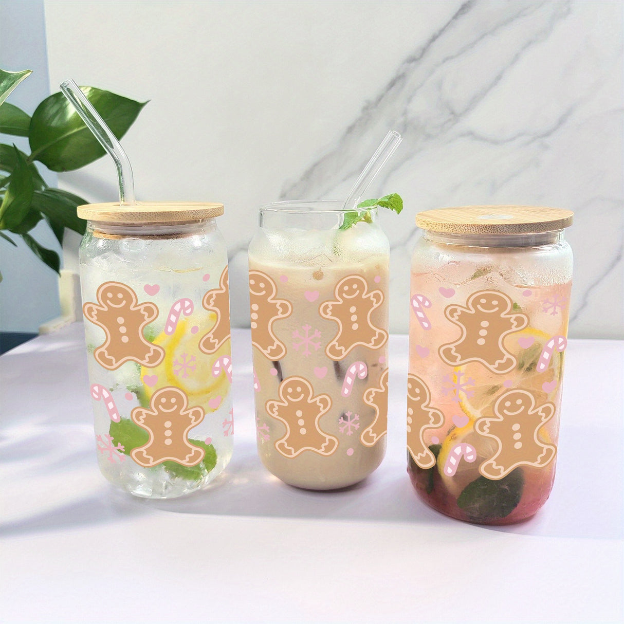 16oz Christmas Gingerbread & Candy Cane 3D UV Printed Glass Cup with Bamboo Lid and Straw - Reusable, Sustainable Drinking Glass for Iced Coffee, Juice, Milk - Perfect for Birthday, Halloween, Thanksgiving, and Christmas Gift
