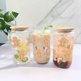 16oz Christmas Gingerbread & Candy Cane 3D UV Printed Glass Cup with Bamboo Lid and Straw - Reusable, Sustainable Drinking Glass for Iced Coffee, Juice, Milk - Perfect for Birthday, Halloween, Thanksgiving, and Christmas Gift