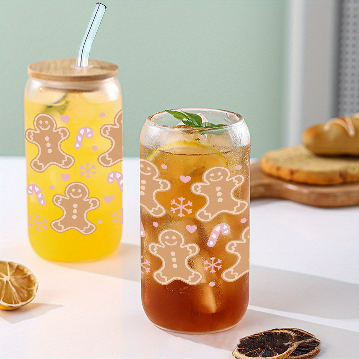 16oz Christmas Gingerbread & Candy Cane 3D UV Printed Glass Cup with Bamboo Lid and Straw - Reusable, Sustainable Drinking Glass for Iced Coffee, Juice, Milk - Perfect for Birthday, Halloween, Thanksgiving, and Christmas Gift