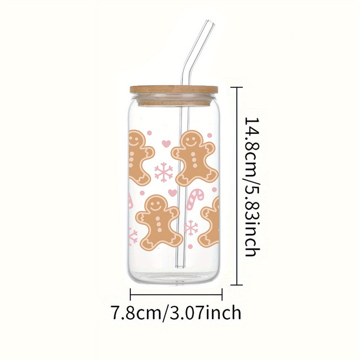 16oz Christmas Gingerbread & Candy Cane 3D UV Printed Glass Cup with Bamboo Lid and Straw - Reusable, Sustainable Drinking Glass for Iced Coffee, Juice, Milk - Perfect for Birthday, Halloween, Thanksgiving, and Christmas Gift