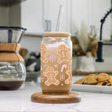 16oz Christmas Gingerbread & Candy Cane 3D UV Printed Glass Cup with Bamboo Lid and Straw - Reusable, Sustainable Drinking Glass for Iced Coffee, Juice, Milk - Perfect for Birthday, Halloween, Thanksgiving, and Christmas Gift