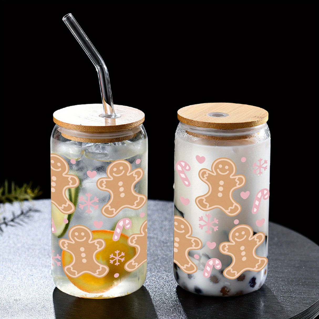 16oz Christmas Gingerbread & Candy Cane 3D UV Printed Glass Cup with Bamboo Lid and Straw - Reusable, Sustainable Drinking Glass for Iced Coffee, Juice, Milk - Perfect for Birthday, Halloween, Thanksgiving, and Christmas Gift