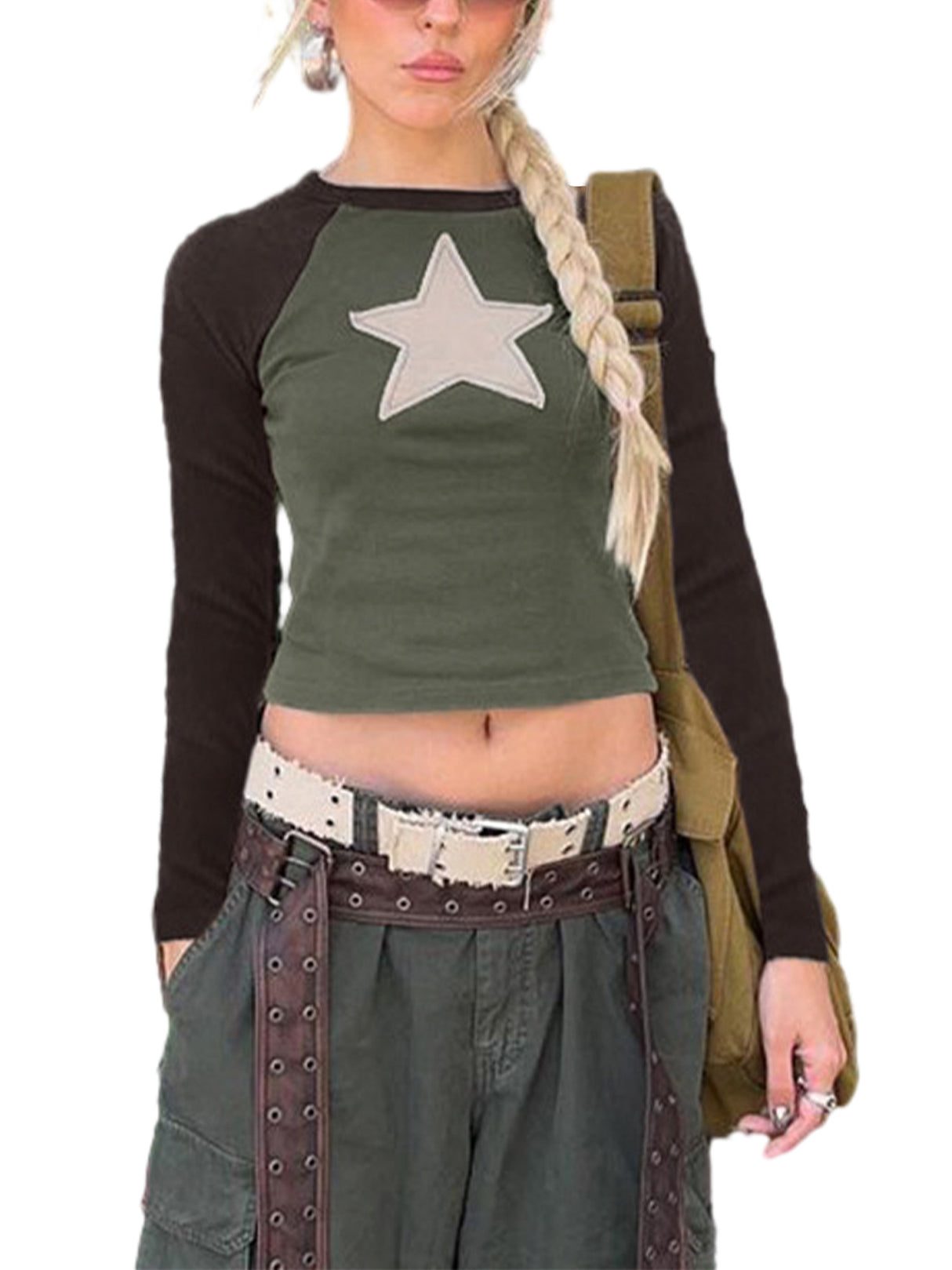 Women Short T-shirt Long Sleeve Crew Neck Star Patchwork Slim Fit Spring Fall Crop Tops Streetwear