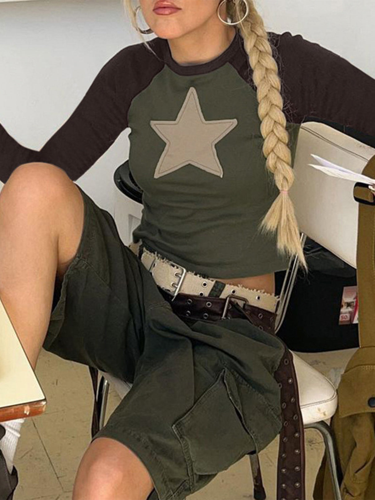 Women Short T-shirt Long Sleeve Crew Neck Star Patchwork Slim Fit Spring Fall Crop Tops Streetwear