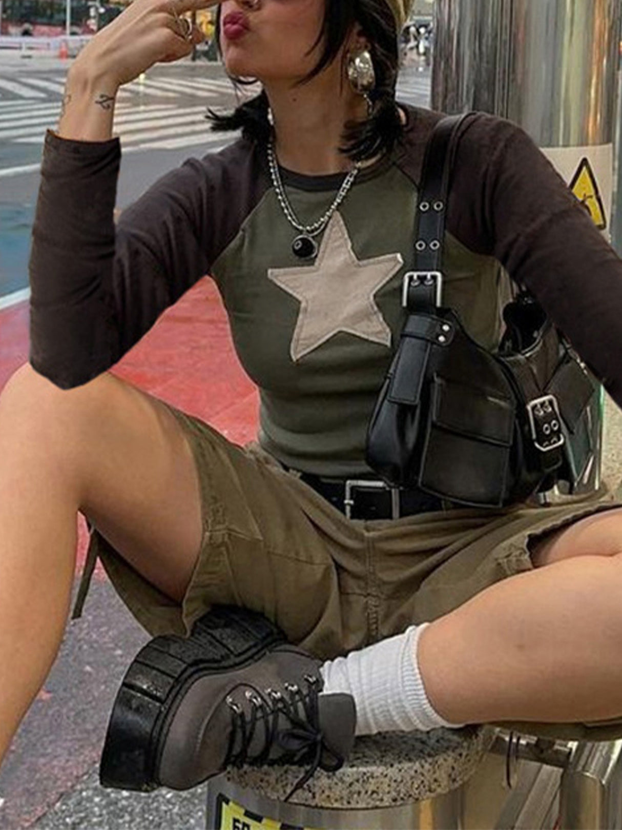 Women Short T-shirt Long Sleeve Crew Neck Star Patchwork Slim Fit Spring Fall Crop Tops Streetwear