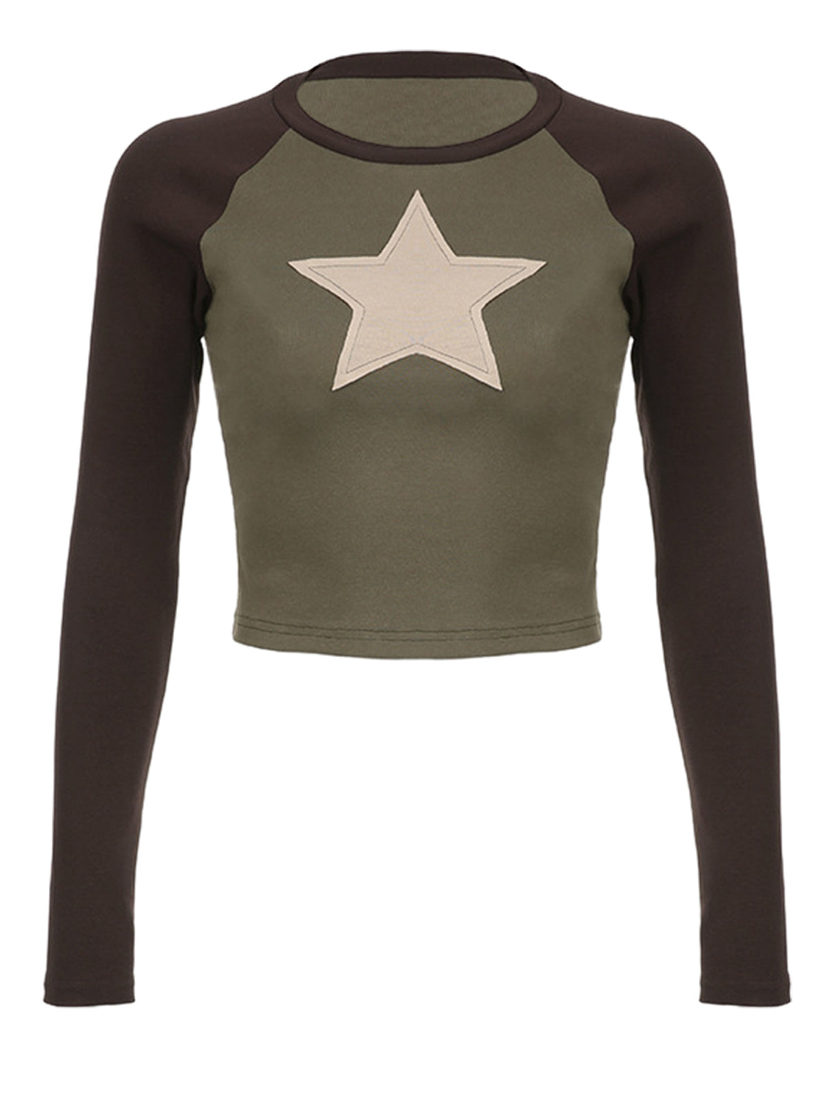 Women Short T-shirt Long Sleeve Crew Neck Star Patchwork Slim Fit Spring Fall Crop Tops Streetwear
