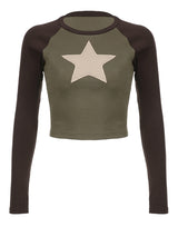 Women Short T-shirt Long Sleeve Crew Neck Star Patchwork Slim Fit Spring Fall Crop Tops Streetwear