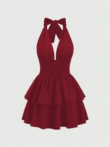Sweetra Tie-Neck Simple Shirred A-Line Dress, Casual Daily Wear Y2K Outfit Christmas Holiday Party Dress  Burgundy Color Women Outfit