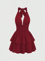 Sweetra Tie-Neck Simple Shirred A-Line Dress, Casual Daily Wear Y2K Outfit Christmas Holiday Party Dress  Burgundy Color Women Outfit