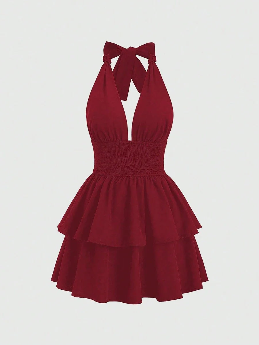 easyown Tie-Neck Simple Shirred A-Line Dress, Casual Daily Wear Y2K Outfit Christmas Holiday Party Dress  Burgundy Color Women Outfit