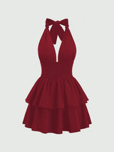 easyown Tie-Neck Simple Shirred A-Line Dress, Casual Daily Wear Y2K Outfit Christmas Holiday Party Dress  Burgundy Color Women Outfit