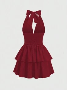 easyown Tie-Neck Simple Shirred A-Line Dress, Casual Daily Wear Y2K Outfit Christmas Holiday Party Dress  Burgundy Color Women Outfit