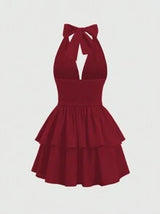 easyown Tie-Neck Simple Shirred A-Line Dress, Casual Daily Wear Y2K Outfit Christmas Holiday Party Dress  Burgundy Color Women Outfit